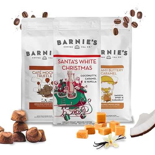 BARNIE\'S COFFEE TEA CO. Barnie\'s Premium Flavor Coffee Trio with Santa\'s White Christmas, Creamy Buttery Caramel and Caf・・ Mocha Truffle, Medium Roasted Arabica Beans, 12 oz Bag (Pack of 3)
