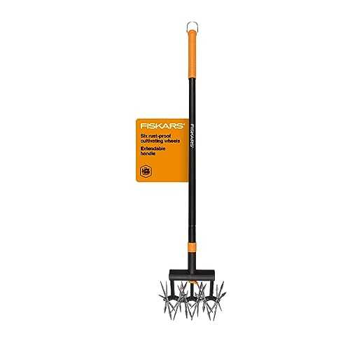 Fiskars Tiller Cultivator for Garden and Lawn, Extendable (40\"- 60\"") Gardening Hand Tool, Telescoping Rotary Hand Cultivator Tool for Soil or Reseeding Grass"