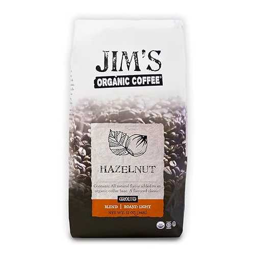 Jim's オーガニック コーヒー ? ヘーゼルナッツ、オールナチュラル フレーバー ブレンド ? ライトロースト、挽いたコーヒー、12 オンス バッグ Jim's Organic Coffee Jim’s Organic Coffee ? Hazelnut, All Natural Flavored Blend ? Light