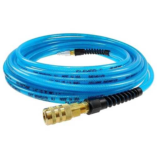 コイルホース ニューマティクス PFE4050TS15X Flexeel 強化ポリウレタン エア ホース、内径 1/4 インチ、長さ 50 フィート、1/4 インチ工業用カプラーおよびコネクタ付き、透明ブルー Coilhose Pneumatics PFE4050TS15X Flexeel Reinforced Polyurethane A