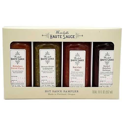 Marshall's Haute Sauce - Hot Sauce Sampler, 16 fl oz, Variety Pack of 4 flavors w/ Red Chilli Lime, Smoked Habanero BBQ, Habanero Carrot Curry, and Serrano Ginger Lemongrass - Hot Sauce Gift Sets - Cooking Gifts画像