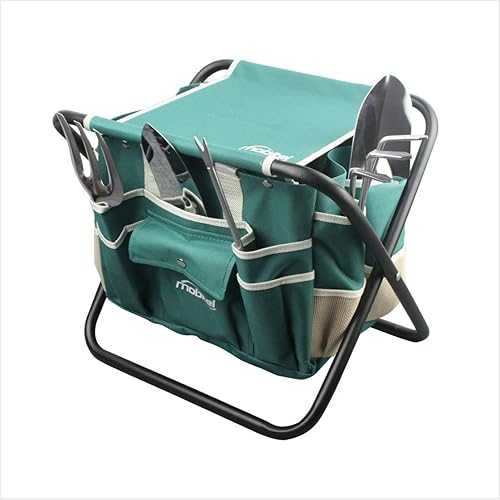 mobitel Garden Tools Sets- Heavy Duty Gardening Gift Tool Kit Including Folding Stool with Tool Bag 5 Sturdy Stainless Steel Tools(Gardening Trowel Trans-Planter Weeder & Rake) for Women Men