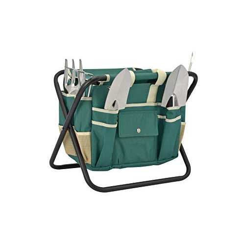 Eternal Living 7 Pcs Garden Tool Set with Bag and Folding Seat Heavy Duty Canvas Storage Organizer, Ergonomic Hand Digging Weeder, Rake, Shovel