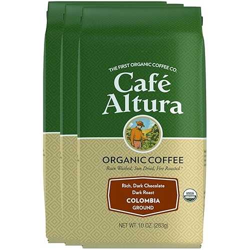 Cafe Altura Caf・・ Altura, Colombia, Dark Roast, Organic, Ground Coffee, 10 oz Bag (Pack of 3)