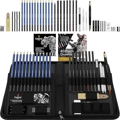 Castle Art Supplies 40 Piece Premium Drawing and Sketching Set with Tutorial / for Artists, Professionals or Beginners / Pencils, Charcoal, Graphite and More / in Neat Carry-Anywhere Zipper Case