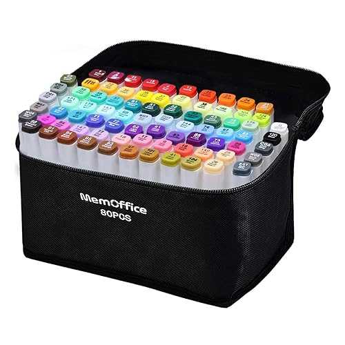 MemOffice 80 Colors Dual Tip Artist Alcohol Markers Set with Carrying Case - Perfect for Coloring, Drawing, Sketching, Card Making and Illustration - Perfect for Adults