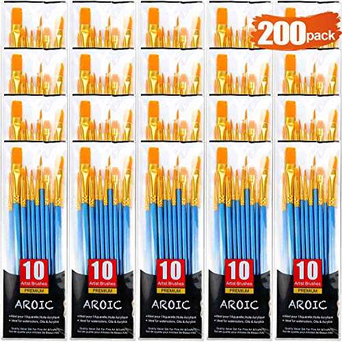 AROIC Acrylic Paint Brush Set, (20 Packs /200 pcs) Nylon Hair Brushes for Oil and Watercolor, Perfect Suit of Art Painting, Best Present for Painting, Blue