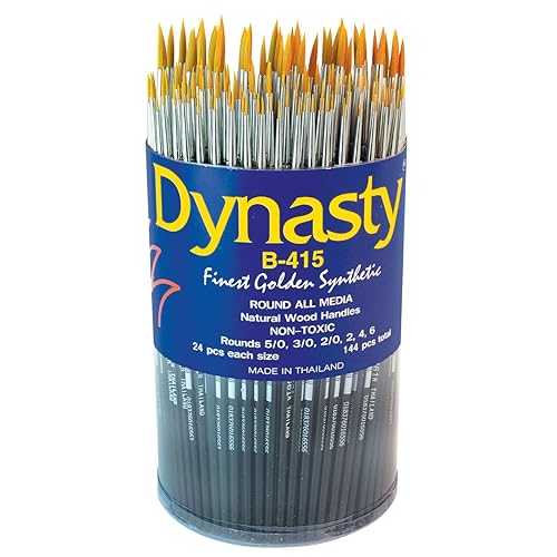 王朝 B-415 ファイン ゴールデン合成ナイロン ブラシ - 各種ラウンド サイズ - 144 個セット - ブラック Dynasty B-415 Fine Golden Synthetic Nylon Brushes - Assorted Round Sizes - Set of 144 - Black