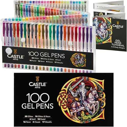Castle Art Supplies 100 Gel Pens for Adult Coloring Set | Drawing, Scrapbooks, Journals | Amazing Colors, Effects ? Swirl, Glitter, Neon, Pastel, Metallic - With Smooth, Fine Tips