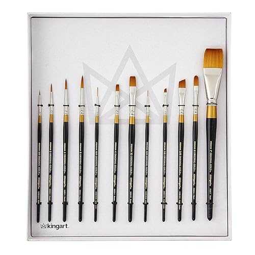 KINGART Premium Original Gold Series Handcrafted Golden Taklon Multimedia Artist Brushes, Gift Box, Set of 12, Black Glosss Handle, for Oil, Acrylic, Watercolor & Gouache Paints