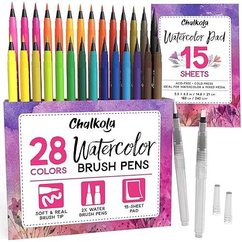 Chalkola Watercolor Brush Pens for Lettering, Coloring, Calligraphy - Set of 28 Watercolor Pens, 15 Painting Pad & 2 Water Color Markers - Drawing Art Supplies for Kids, Adults, Professional Artist