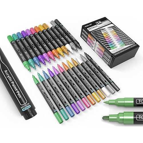 TOOLI-ART Acrylic Paint Markers Paint Pens Special Colors Set Extra Fine And Medium Tip Combo For Rock Painting, Canvas, Fabric, Glass, Mugs, Wood, Ceramics, Plastic, Multi-Surface. Non Toxic, (METALLIC)