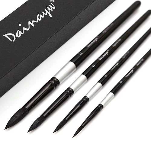 Dainayw Round Watercolor Paint Brushes 4Pcs Squirrel Hair Professional Brush for Artist Painting Watercolors, Acrylics, Inks,Gouache and Tempera, Black Handle 日用品雑貨・文房具・手芸-その他-画材