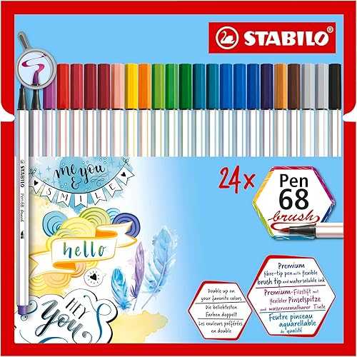 STABILO Premium Fibre-Tip Pen with Brush Tip Pen 68 brush - Pack of 24 - Assorted Colours