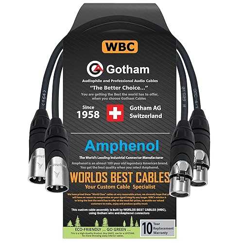 WORLDS BEST CABLES 2 Units - 1 Foot - Gotham GAC-4/1 (Black) - Star Quad, Dual Shielded Balanced Male to Female Microphone Cables with Amphenol AX3M & AX3F Silver XLR Connectors - Custom Made