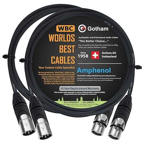 WORLDS BEST CABLES 2 Units - 2 Foot - Gotham GAC-4/1 (Black) - Star Quad, Dual Shielded Balanced Male to Female Microphone Cables with Amphenol AX3M & AX3F Silver XLR Connectors - Custom Made