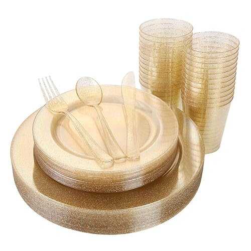 I00000 150PCS Gold Disposable Plates Silverware, Gold Glitter Dinnerware Set Include 25 Dinner Plates 10.25, 25 Dessert Plates 7.5, 25 cups 10 OZ, 25 Forks, 25 Knives, 25 Spoons for Wedding,Party｜Glomarket