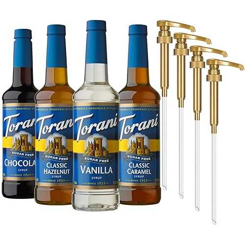Torani コーヒー用シュガーフリーシロップ バラエティパック、シュガーフリー: バニラ、キャラメル、ヘーゼルナッツ、チョコレート各 1 個、25.4 液量オンス (4 個パック) Torani Sugar Free Coffee Syrup, Vanilla, Classic Caramel, Classic Hazel
