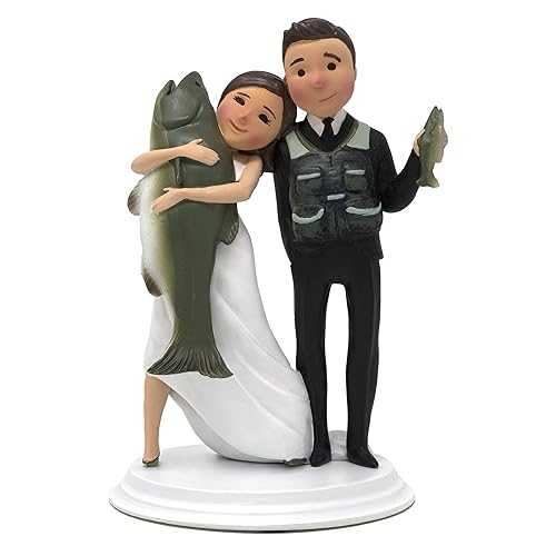 Dihtan ユニークで面白い釣りウェディング ケーキ トッパー 新郎新婦 (明るい肌 ダークヘア) Dihtan Unique and Funny Fishing Wedding Cake Toppers Bride and Groom (Light Skin Dark Hair)