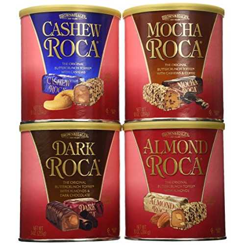Brown & Haley Variety Pack - Dark Chocolate ROCA, Almond ROCA, Cashew ROCA and Mocha ROCA - Individually Wrapped Chocolate for Sharing or Gifting - Gift Bag Included - 10oz Canister, 4 Pack