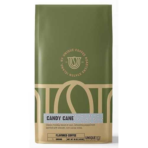 Unique Coffee Roasters Holiday Peppermint Candycane Flavored Ground Coffee, 1 LB (16 oz) bag, Medium Roast, 100% Arabica Premium Quality Flavor