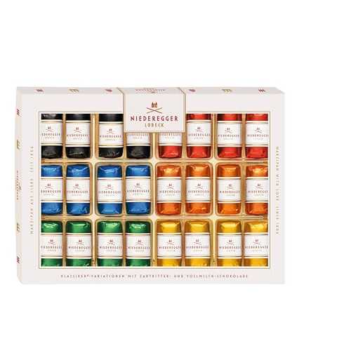 Niederegger Classic Marzipan Assortment Covered with Dark & Milk Chocolate 300g / 10.5oz | 24 Pieces per Box | 6 Variety - 4 Pineapple, 4 Orange, 4 Classic, 4 Pistachio, 4 Milk Chocolate & 4 Espresso