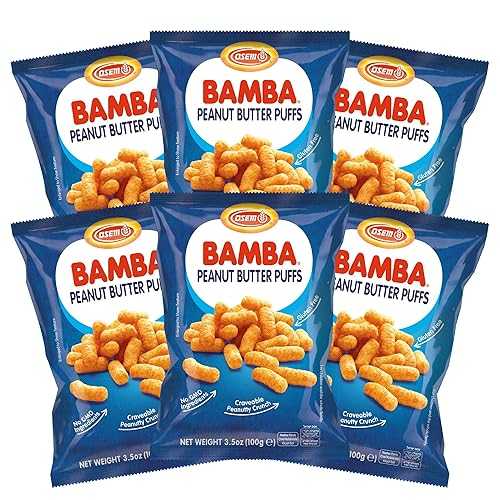 Osem Bamba Peanut Butter Puffs - Peanut Butter Puffs Bulk, Vegan PB Snack with Crunch for Kids, Grain Free Protein Snack, No Sugar - 3.5oz Bags (Pack of 6)