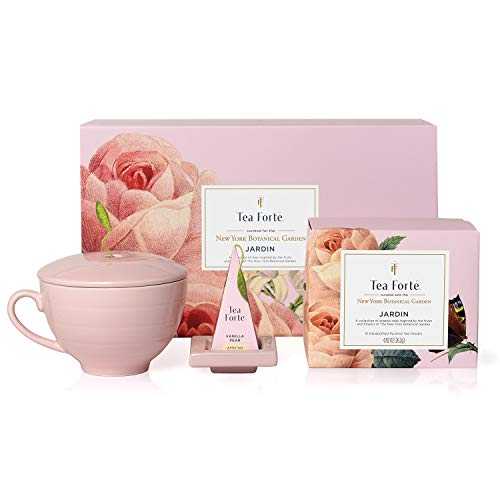 Tea Forte Jardin ギフトセット ピンクのカフェカップ、ティートレイ、手作りのピラミッドティーインフューザーバッグ10個付き Tea Forte Jardin 3-Piece Premium Tea Gift Set with Rose Pink Cafe Cup with Lid, Tea Tray and 10 Assorted 2 of