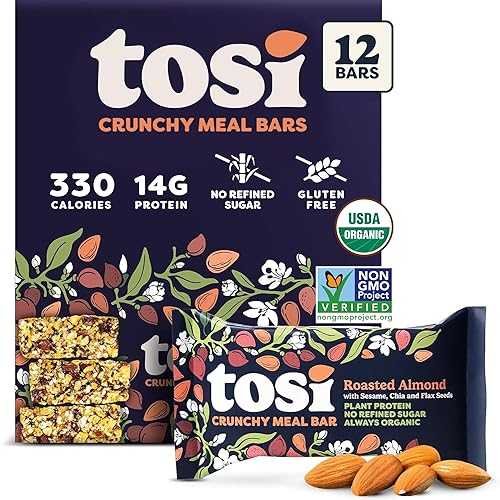 Tosi Meal Nut Bars, Almond, Healthy Snacks for Adults & Kids, Crunchy Plant Based Protein Bar (14G), Keto Snacks, Vegan, Gluten & Soy Free, Low Sugar, Omega 3s, 2.4oz, 12-Pack