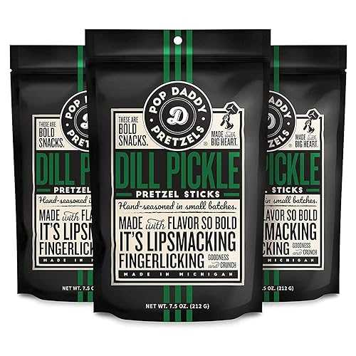 POP DADDY ?POPCORN? Pop Daddy Flavored Pretzels Sticks, Healthy Gourmet Pretzels Snacks, 7.5oz Individual Bags, 3 Pack, Dill Pickle