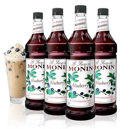 Monin - Blueberry Syrup, Mildly Sweet & Tart Blueberry Flavor, Great for Teas, Lemonades, Smoothies, & Cocktails, Gluten-Free, Non-GMO (1 Liter, 4-Pack)