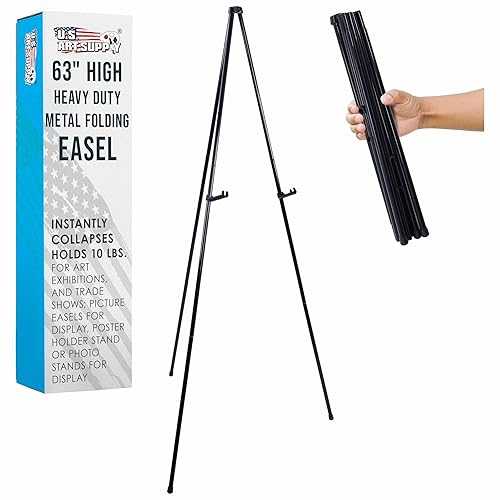 US Art Supply 63インチ ハイスチール 簡単折りたたみディスプレイイーゼル - 素早いセットアップ、瞬時に折りたたみ、高さ調節可能なディスプレイホルダー - ポータブル三脚スタンド、プレゼンテーション、看板、ポスター、耐荷重5ポンド U.S. Art Supply 63\