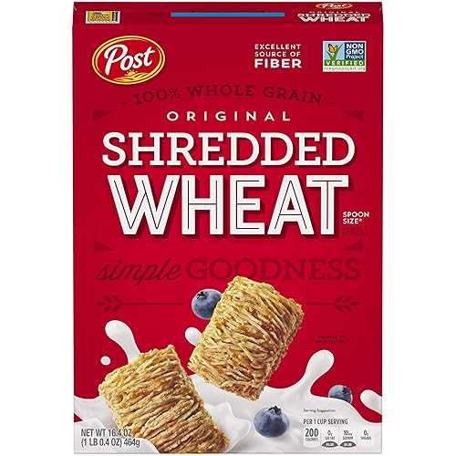 ポストスプーンサイズの細切り小麦シリアル、16.4オンス -- 1ケースあたり6個入り。 Post Spoon Size Shredded Wheat Cereal, 16.4 Ounce -- 6 per case.