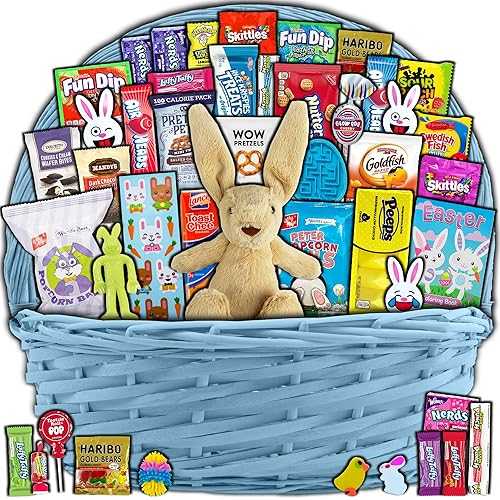 CRAVEBOX Blue Easter Basket for Kids and Adults (45ct) - Already Filled Easter Gift Basket with Plush Easter Bunny, Candy, Snacks, and Treats - Boys, Girls, Grandchildren, Young Children, Toddlers, Men, Women