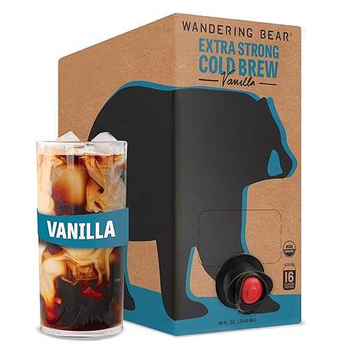 Wandering Bear Organic Vanilla Coffee Cold Brew On Tap, Iced Coffee Drink -Extra Strong, Smooth, No Sugar Added, Shelf-Stable, Ready to Drink, Gluten Free & Vegan Decaf -16 Servings of 6fl.oz -96fl.oz
