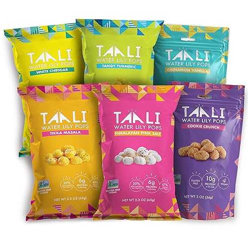 Taali NEW 甘くておいしいバラエティー ポップ スイレン パフ (再密封可能な袋 6 個) - 6 つのフレーバーをお試しください。| 甘い、しょっぱい、セイボリーの詰め合わせ | プロテインブースト | スナック・オン・ザ・ゴー (2オンス/2.3オンス袋) T