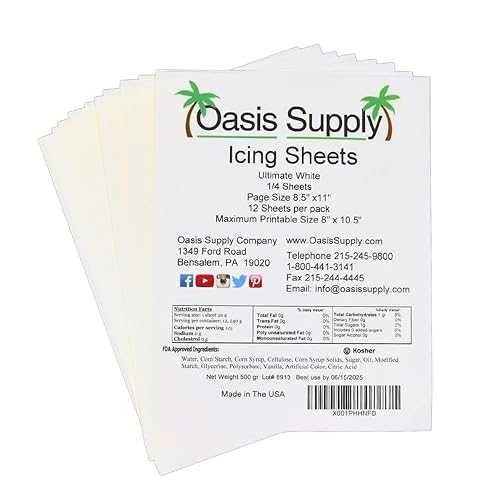 ウルトラフレキシブルアイシングシート、ホワイト、紙、8.5インチ x 11インチ、12枚 Oasis Supply Ultra-Flexible Edible Icing Sheets ? 12 Frosting Sheets, 8.5” x 11” Letter Size ? Premium White Printable Edible Paper for Photos,