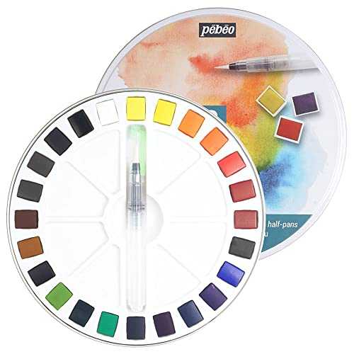 PEBEO P・・b・・o - Fine Watercolour Metal Round Box 24 Half Buckets - P・・b・・o Watercolour Painting Box - Watercolour Palette Kit 24 Half Buckets & 1 Pocket Brush