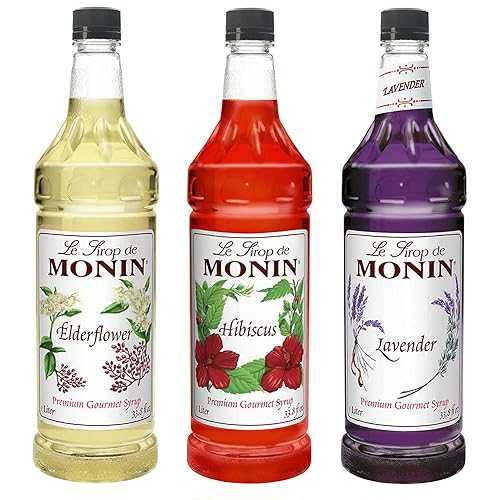 Monin - フローラル バラエティ パック、ラベンダー、エルダーフラワー、ハイビスカス シロップ、フローラル フレーバー、カクテル、モクテル、紅茶、レモネードに最適、グルテンフリー、ビーガン、非遺伝子組み換え (ボトルあたり 1 リットル、3 パック) Monin