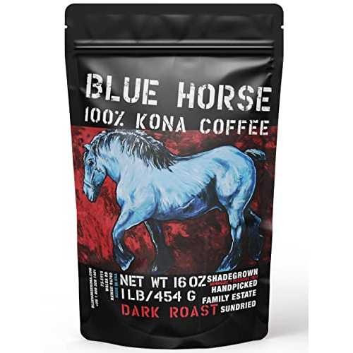 Blue Horse Kona Coffee Blue Horse 100% Kona Coffee, Dark Roast, Arabica Whole Beans, 1 lb (16 oz) Bag, Farm Fresh, Authentic Hawaiian Coffee beans from Hawaii’s Big Island