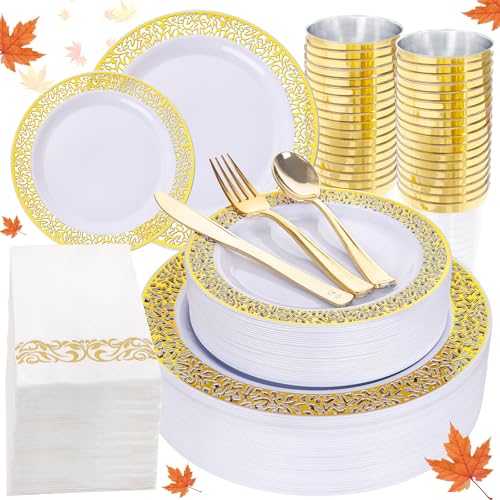 I00000 160pcs White Gold Plastic Plates,Gold Plastic Dinnerware Set Christmas Plastic Plates Includes:20 Dinner Plates,20 Dessert Plates,40 Forks,20 Spoons,20 Knives,20 Plastic Cups 10薬局衡オンス, 20 Paper Napkins