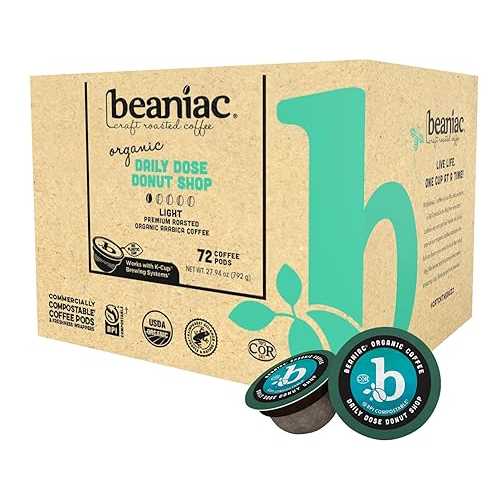 beaniac Organic Daily Dose Donut Shop, Light Roast, Single Serve Compostable K Cup Coffee Pods, Organic Arabica Coffee, Keurig Brewer Compatible, 72 Count