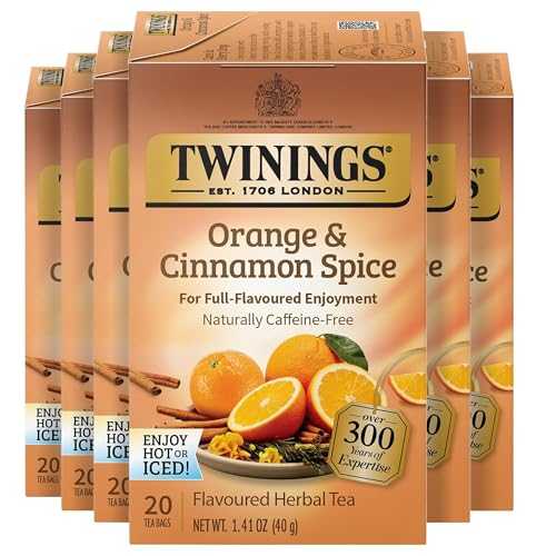 Twinings Orange & Cinnamon Spice Herbal Tea Individually Wrapped Bags, 20 Count (Pack of 6), Naturally Caffeine-Free, Enjoy Hot or Iced, 120 Teabags
