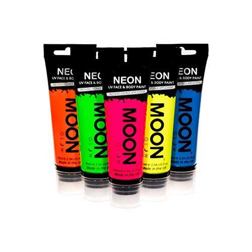 Moon Glow スーパーサイズ 2.54 オンス ブラックライト ネオン UV フェイス & ボディ ペイント - チューブ 5 本セット - スポンジ アプリケーター付き Moon Glow Supersize 2.54oz Blacklight Neon UV Face & Body Paint - Set of 5 tub
