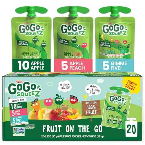 GoGo squeeZ Applesauce and Fruit Puree Variety Pack, Apple, Peach & Gimme Five!, 3.2 oz (Pack of 20), Unsweetened Fruit Snacks for Kids, Gluten Free, Nut Free, BPA Free Pouches (Packaging May Vary)