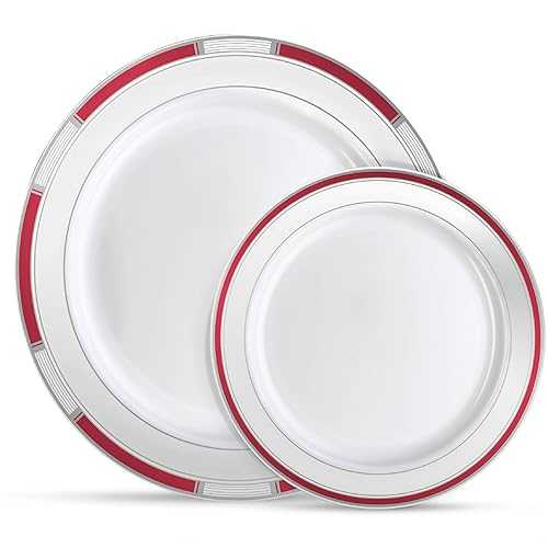 Laura Stein Designer Dinnerware Set | 32 Disposable Plastic Party Plates | Plates with Burgandy Rim & Silver Accents | Includes 16 x 10.75\