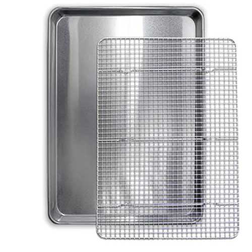 Saffron & Sage Home Living Commercial Quality Cookie Sheet and Rack - Aluminum Half Sheet Baking Pan and Stainless Steel Cooling Rack Set 13x18 Rust & Warp Resistant, Heavy Duty