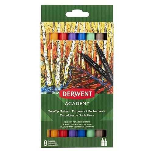 Derwent Academy Twin-Tip Markers, Brush/Fine Tip, 8 Pack (98206)