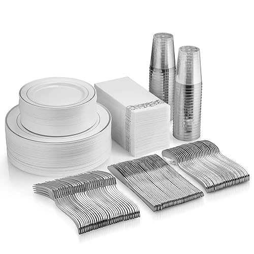 Munfix 350-Piece Dinnerware Set - 50 Rim Plates, 50 Silverware Pieces, 50 Plastic Cups, 50 Linen-Like Silver Paper Napkins for 50 Guests|Glomarket