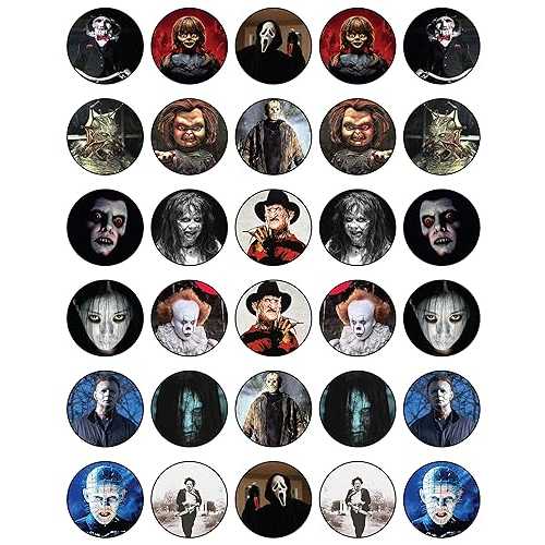 NATURAL BEHAVIOUR 30 x Edible Cupcake Toppers Themed of Scary Horror Films Collection of Edible Cake Decorations | Uncut Edible on Wafer Sheet